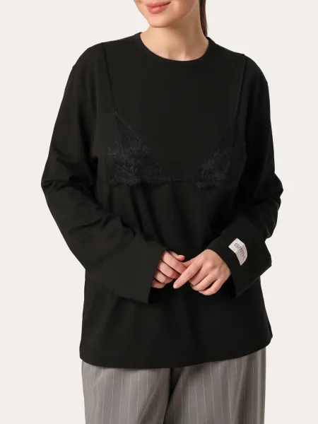 T-shirt oversize noir avec dentelle sur la poitrine