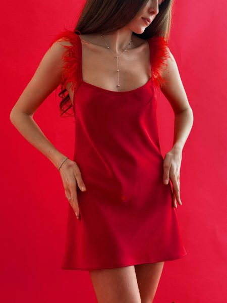 Nuisette rouge en soie avec plumes