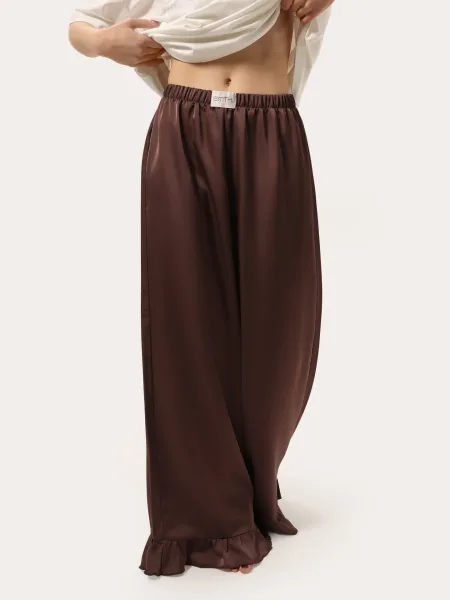 Pantalon en soie chocolat avec volants