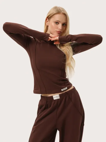 T-shirt manches longues slim chocolat avec coutures