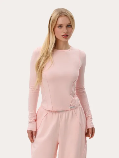 T-shirt manches longues slim rose avec coutures