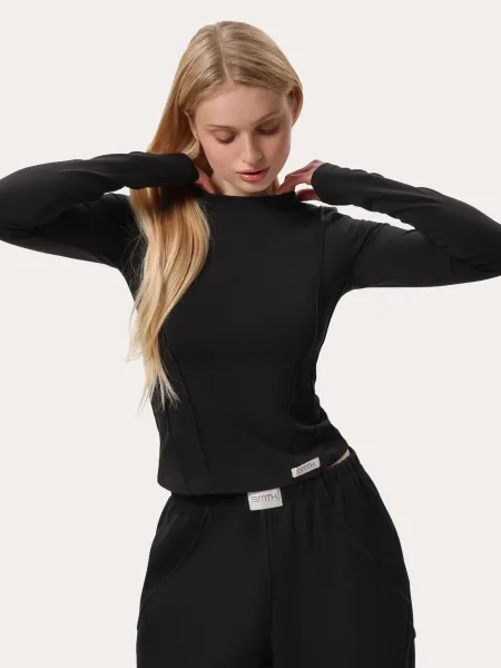 T-shirt manches longues slim noir avec coutures
