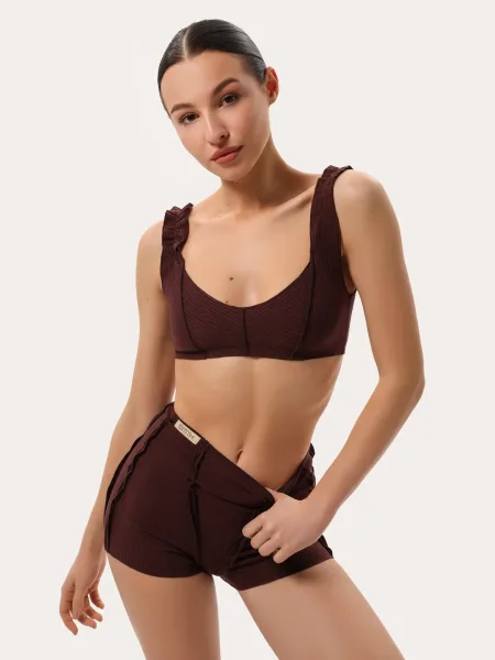 Ensemble côtelé avec coutures décoratives – chocolat