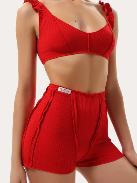 Ensemble côtelé avec coutures décoratives — rouge