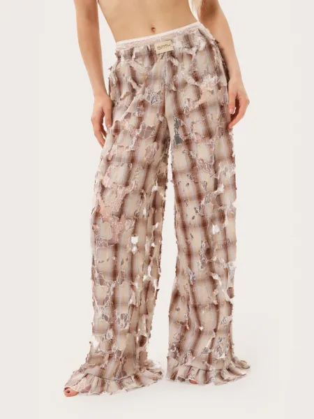 Pantalon à carreaux avec volants et dentelle