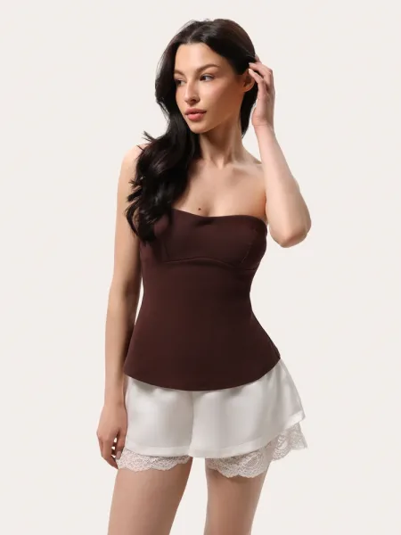 Top chocolat en coton sans bretelles