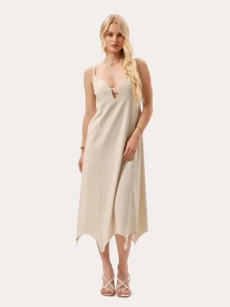 Robe midi en lin beige