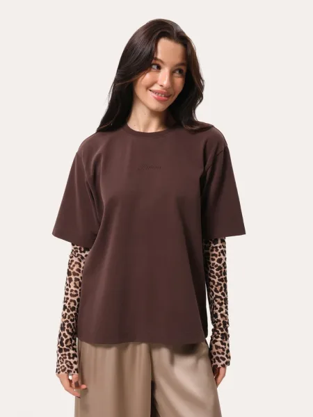 Longsleeve oversize marron à manches léopard