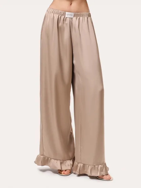 Pantalon en soie beige à volants